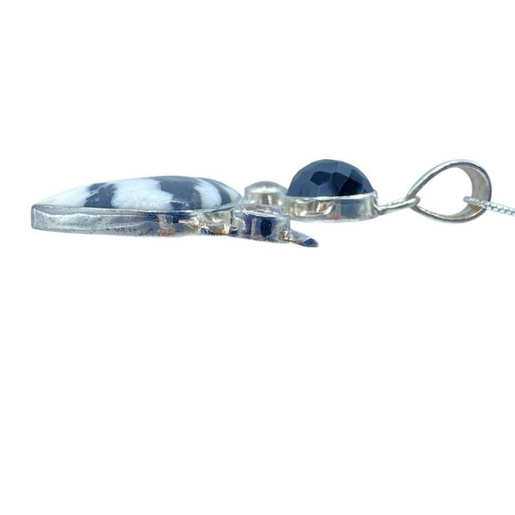 Sterling Silver 925 Zebra Jasper Quartz Pendant Necklace Signed SJ Modernist - Picture 8 of 11